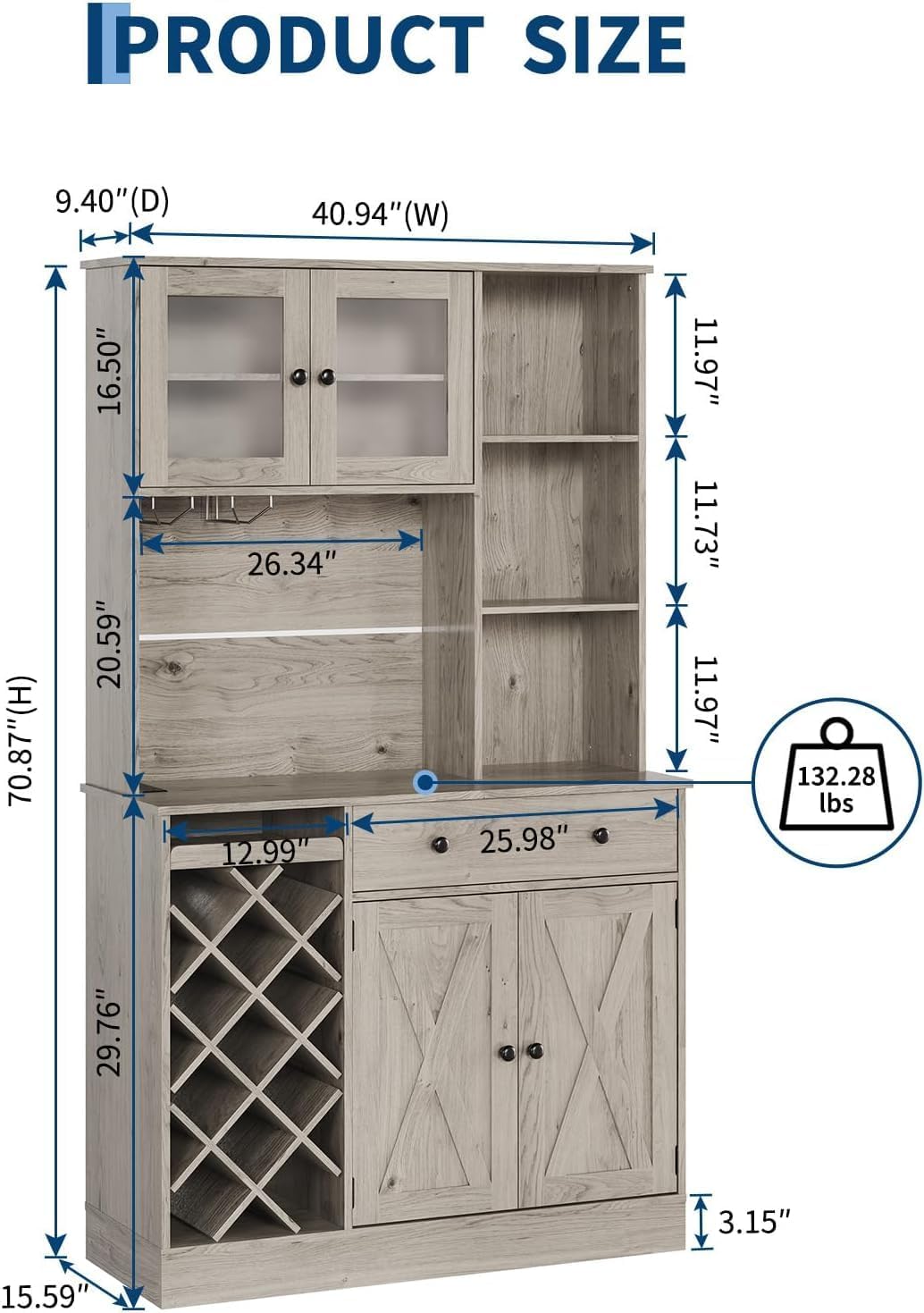 MDF Tall Wine Cabinet with Acrylic Double Doors, 45 Inch Bar Cabinet for Liquor Glasses Storage, Free Standing Home Bar with Display Shelf for Living Room Dining Room Kitchen