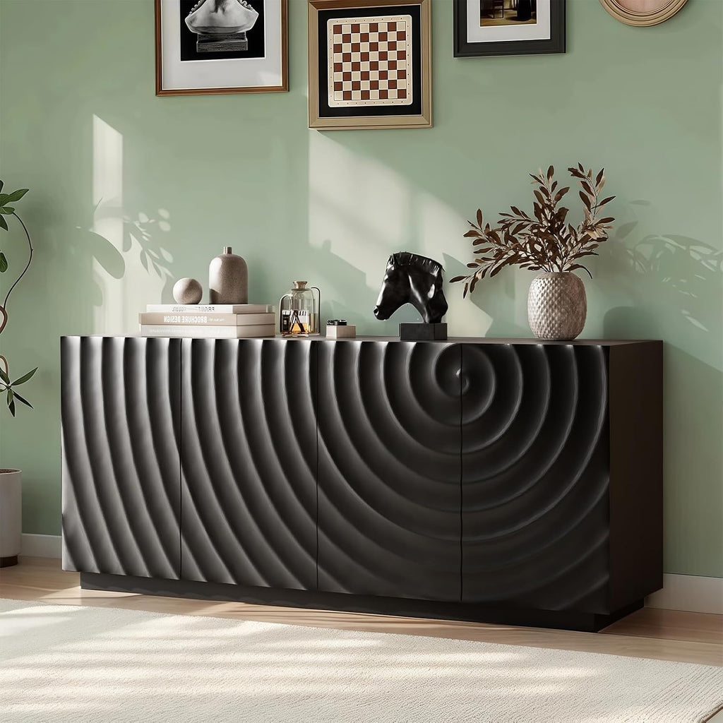 LKTART 59" Sideboard Buffet Cabinet with Storage, 4 Doors Modern Accent Storage Sideboard, Floor Cabinet Buffet with Spiral Grain for Kitchen, Living Room (Black)