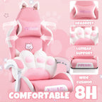 Pink Gaming Chair with Cat Ears & Footrest, Ergonomic Gaming Computer Desk Chair with Cat Paw Lumbar Support & Linked Armrests - Cute PU Leather Game Chair for Girls Adults