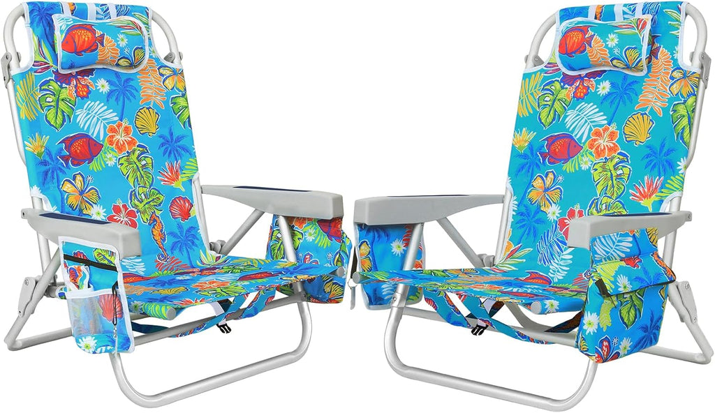 2Pk Aluminum Extra Wide 5-Position Lay Flat Folding Backpack Beach Chairs for Adults, with Cooler Bag, Cup&Phone Holder, Towel Bar for Outdoor Lawn Picnic Sport, Portable Camping Chairs,Tropical Print