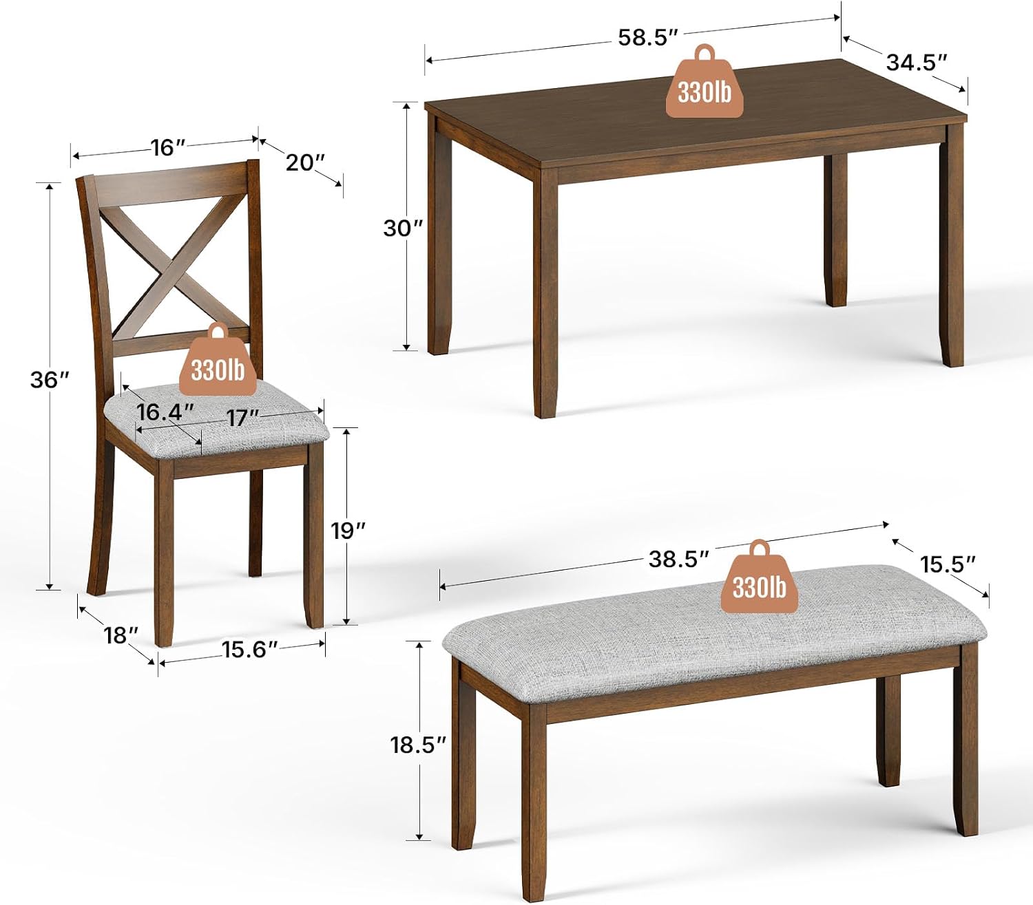 Zevemomo 6-Piece Wooden Dining Table Set, Wooden Legs Dining Table, Walnut | Dining Table Set for 6, Including 1 Dining Table, 4 Upholstered Chairs and 1 Bench, Table Set for Dining Room & Kitchen