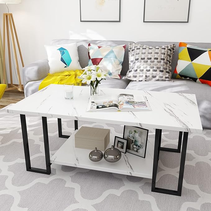 AWQM Marble Coffee Table, Faux Marble Top Rectangular Coffee Table with Black Metal Frame, 2 Tier Living Room Table for Living Room, Office, Balcony, White, 40 Inch