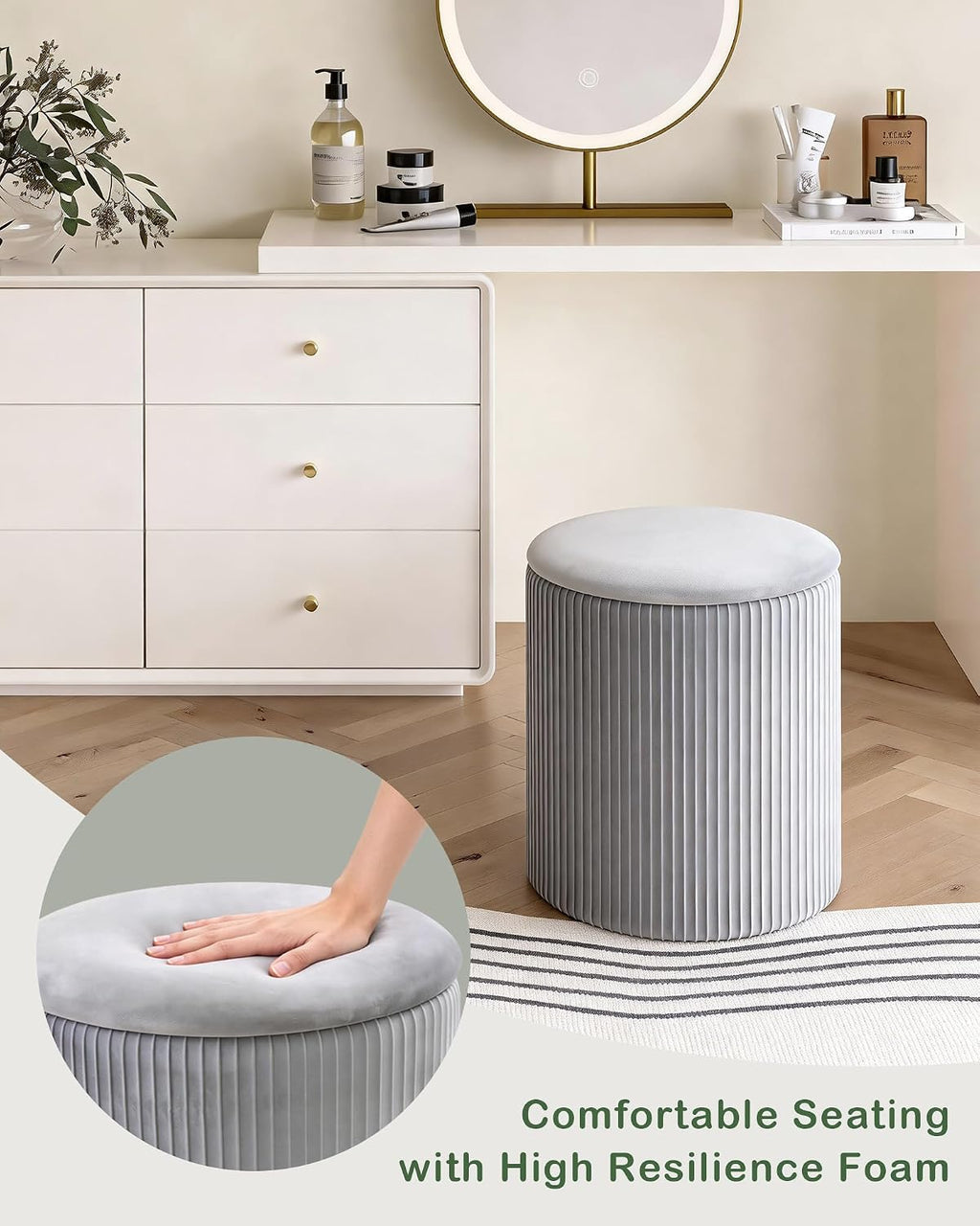 LITZFUR Round Ottoman with Storage, Velvet Foot Rest Stool, Grey | Versatile Upholstered Vanity Stool, Padded Folding Storage Ottoman for Living Room, Bedroom and Dorm