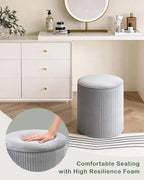 LITZFUR Round Ottoman with Storage, Velvet Foot Rest Stool, Grey | Versatile Upholstered Vanity Stool, Padded Folding Storage Ottoman for Living Room, Bedroom and Dorm