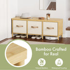 Shoe Bench, 43.3" Storage Bench, Entryway Bench with Cushion Seat | Natural Bamboo Bench with Storage, Easy Assembly, End of Bench with Drawers, Storage Organizer for Bedroom/Entryway/Closet