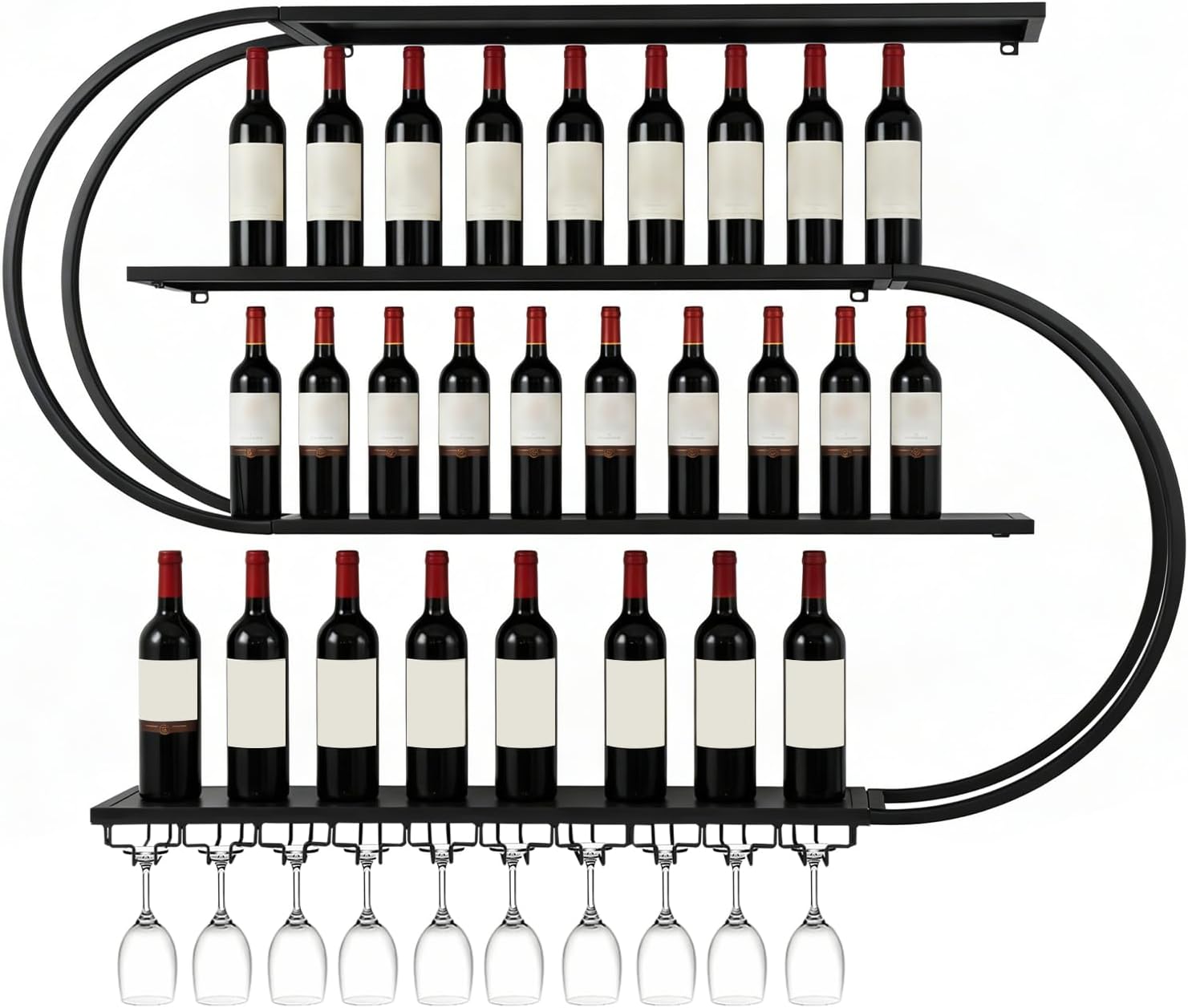 71" Modern Wall Mounted Wine Rack with LED Lights, 4-Tiers Wine Rack with Wine Glass Holder, Liquor Bottle Display Shelf for Home Bar Dining Room Kitchen Living Room-Black 70.87“