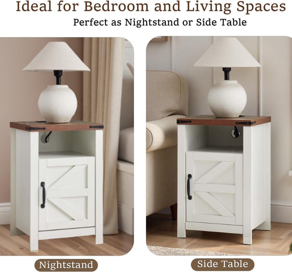 Farmhouse Nightstand Set of 2 with Charging Station, Modern Bedside Table with Barn Door and Shelf, Sofa Side Table End Table for Bedroom, Living Room, White