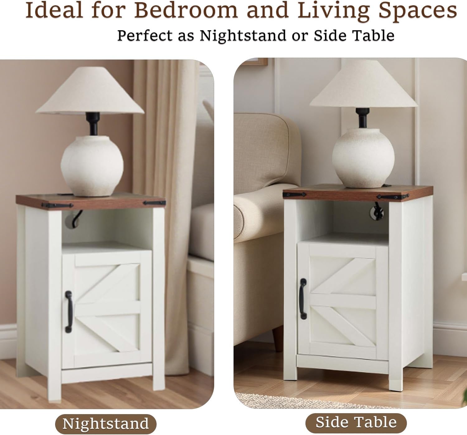 Farmhouse Nightstand Set of 2 with Charging Station, Modern Bedside Table with Barn Door and Shelf, Sofa Side Table End Table for Bedroom, Living Room, White