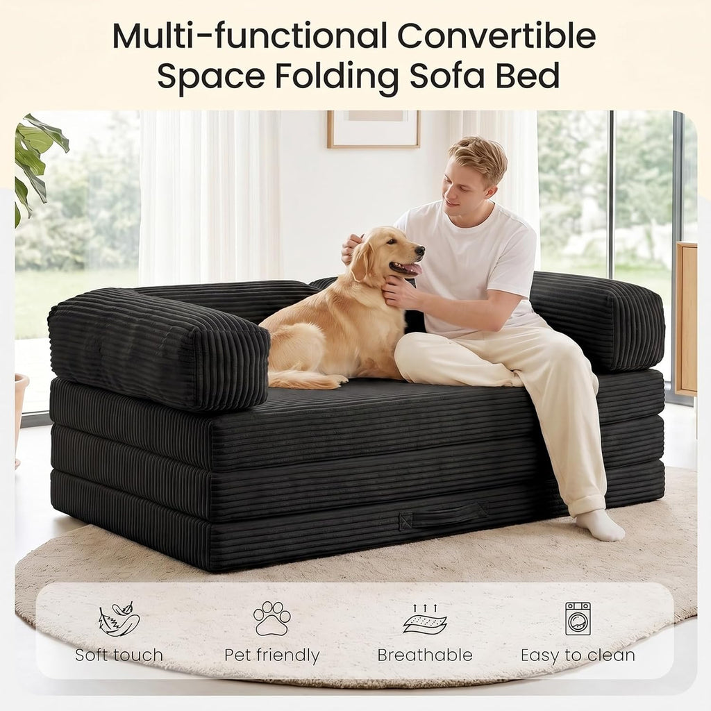 Erament Convertible Sofa Bed, Tri-Folding Mattress Queen Futon Couch Bed, Sleeper Couch Bed with Removable Armrests & Washable Cover for Guest Room, Living Room, Queen, Black