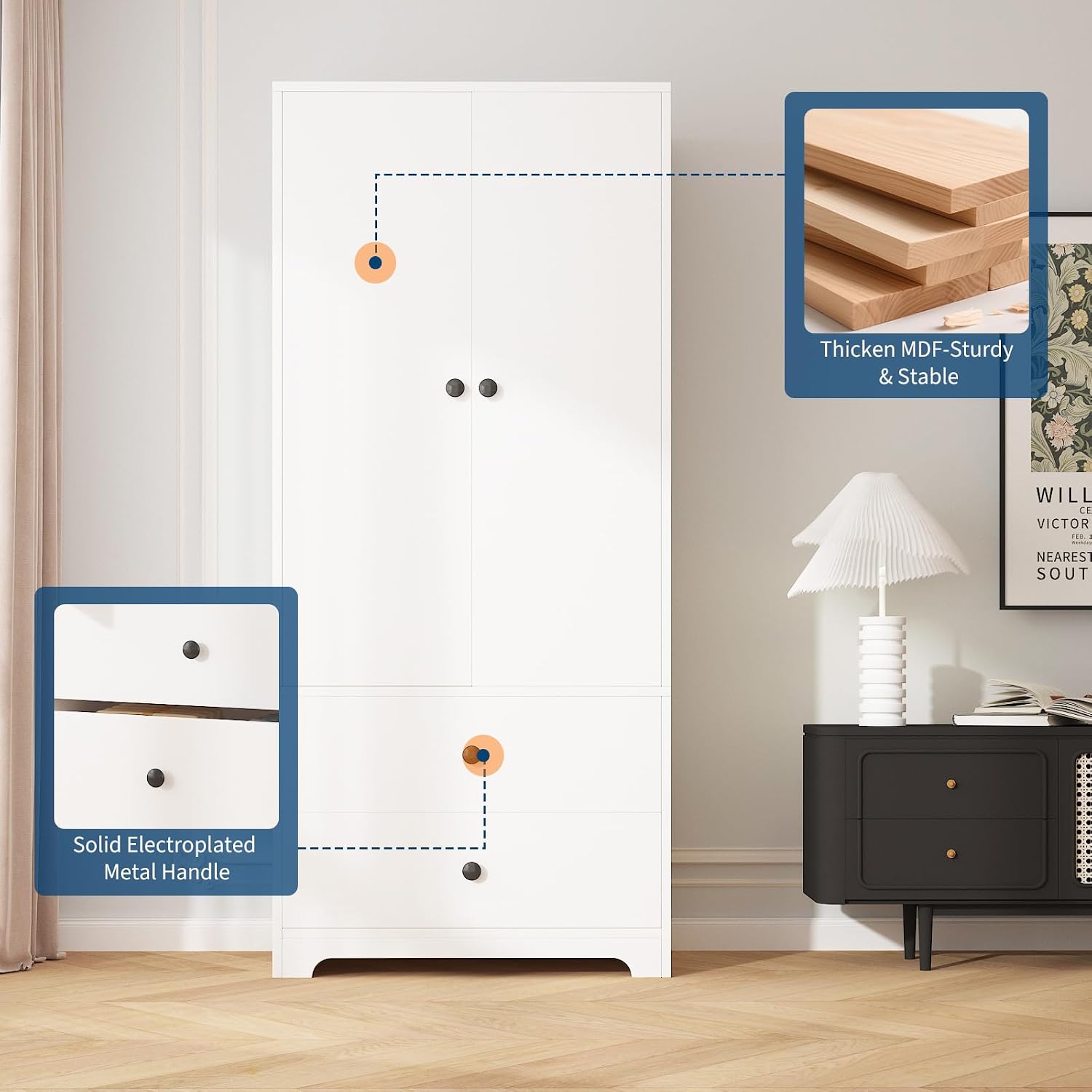 Garvee 71" Armoire Wardrobe Closet, Modern Wooden Bedroom Armoire with 2 Drawers & 2 Doors and Adjustable Shelves，Clothing Storage Cabinet with Aluminum Hanging Rod, Locker