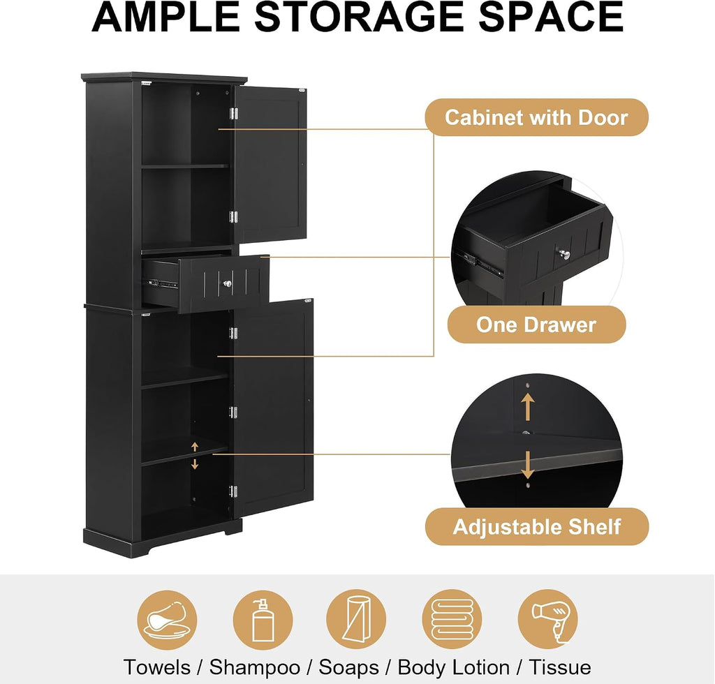 Merax 67.3" Pantry Cabinet with Three Doors & One Drawer, Adjustable Shelves Storage Cupboard for Kitchen/Dining Room/Bathroom, Black