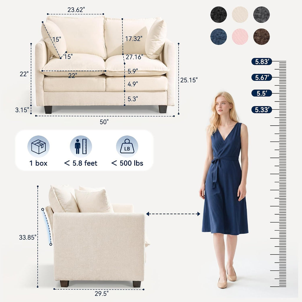 Loveseat Sofa Couch, Small Mini Compact 50" Love Seat 27" Deep Cloud Sofa Seat Washable Chenille Pillow for Apartment Bedroom Dorm Attic Studio Office Living Room Small Space 50-Beige