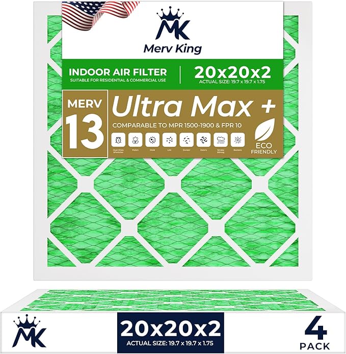 MervKing 20x20x2 Air Filter Actual Size: 19.7" x 19.7" x 1.75" MERV 13 MPR 1500-1900 | MADE IN USA | 4-Pack | Pleated HVAC AC Furnace Replacement