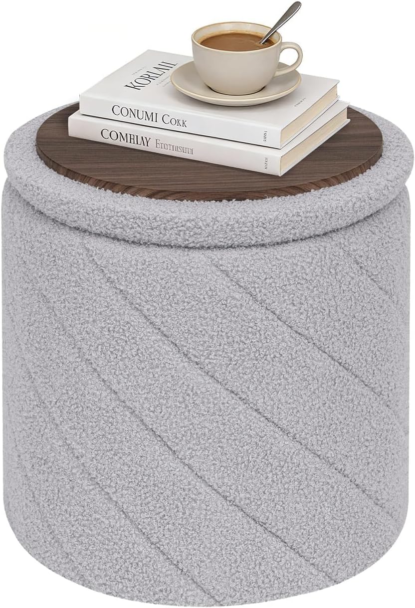 13" Foldable Boucle Round Storage Ottoman,Space-Saving Footrest/Seating/Coffee Table for Small Apartments,Dorms & Bedrooms-Grey