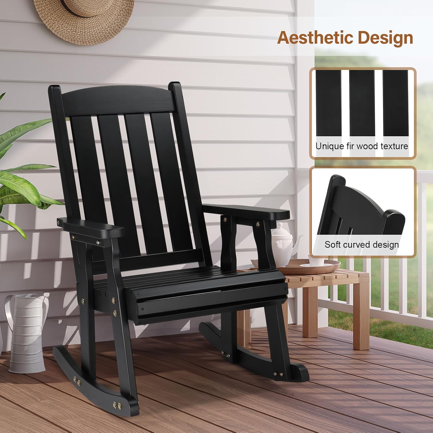 VINGLI Outdoor Rocking Chair, Heavy Duty 600 LBS Wooden Rocker, Black(1PC) | High & Comfortable Backrest, Weatherproof Patio Rocker with Ergonomic Design, for Patio, Garden, Porch