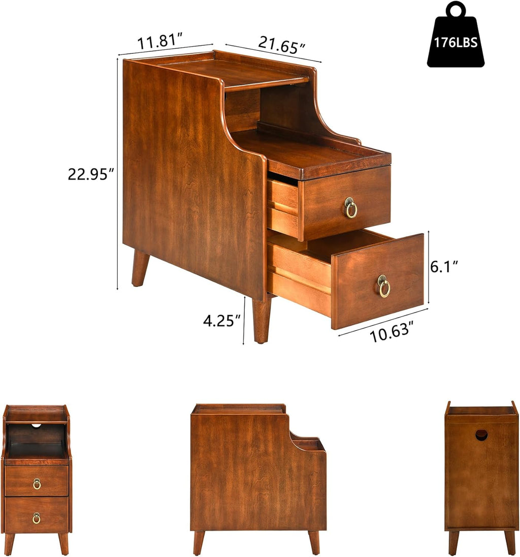 Narrow End Side Table with 2 Drawers and Pull-Out Tray, No-Tools Assembly Sofa Beside Table for Living Room, Slim Side Table with Solid Wood Legs, 11.8”W x 21.6”L x 22.9”H Caramel Brown BG-A1359-MG