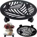 1 Packs Large Metal Plant Caddy with PU Wheels 13.6" Heavy-Duty Wrought Iron Rolling Plant Stands Indoor Outdoor Wheeled Plant Dolly Planter Mover Rollers Plant, Leaf Style