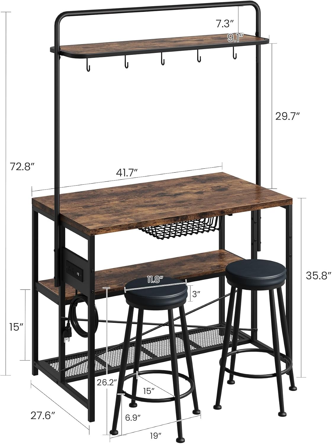 Industrial Kitchen Island Dining Table with Power Outlet, Retro | Microwave Stand with Storage Shelves, 2 Bar Stools and 5 Hooks, Coffee Bar for Dining Room, Living Room