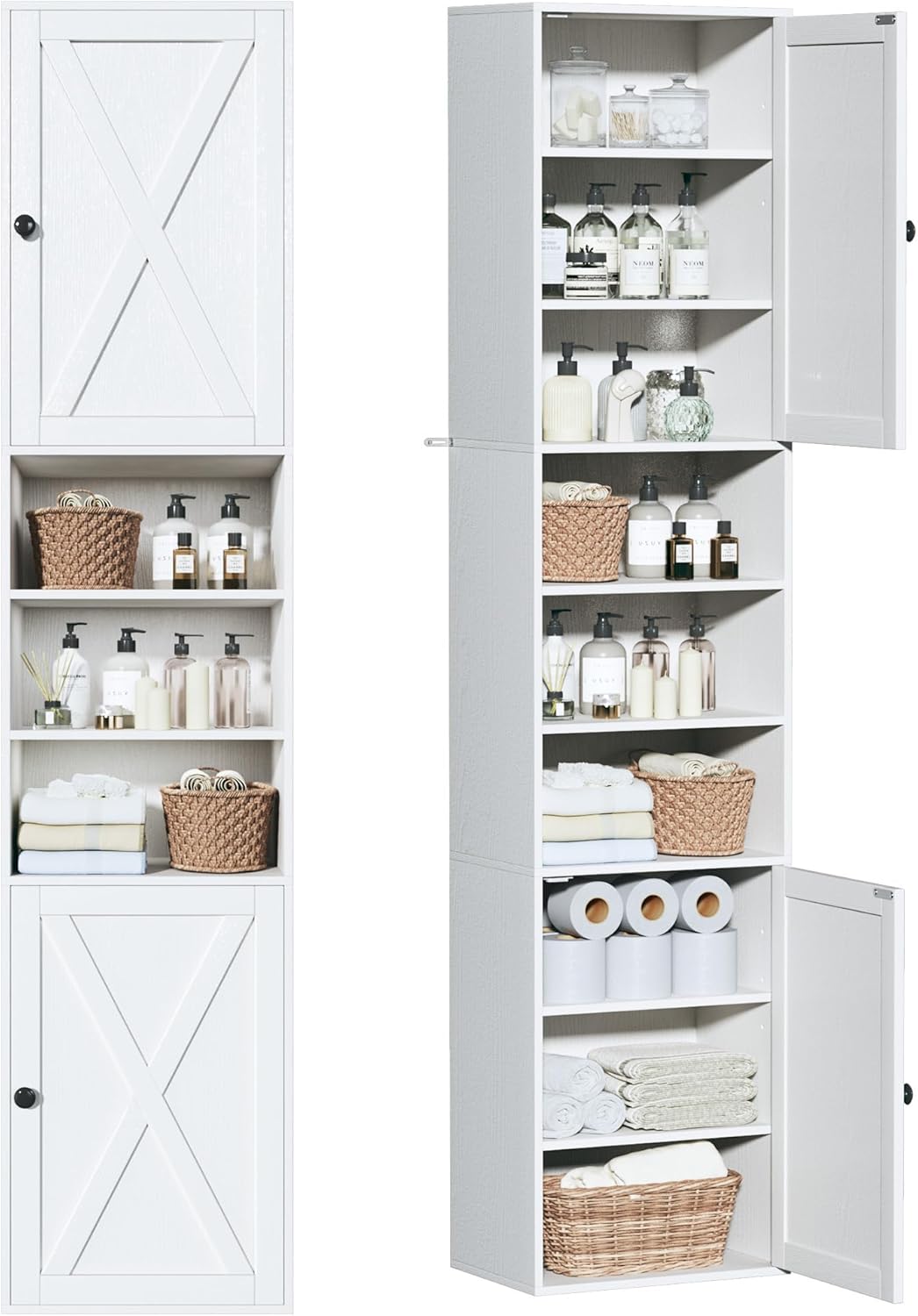 70.8" Tall Bathroom Storage Cabinet with 2 Barn Doors, Narrow Storage Cabinet with Adjustable Shelves & Open Compartments, Slim Floor Cabinet for Bathroom, Kitchen, Entryway, Living Room, White