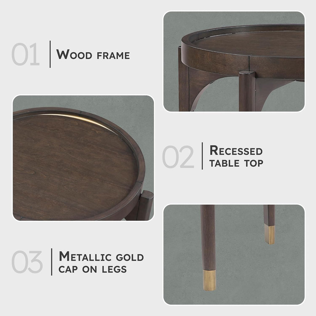 Lexicon Wood Round End Table with Gold Metal Cap, 36" Dia. Mid Century Modern Round Birch Wood Veneer Sofa Side Table for Contemporary Living Room, Easy Assembly, Dark Brown