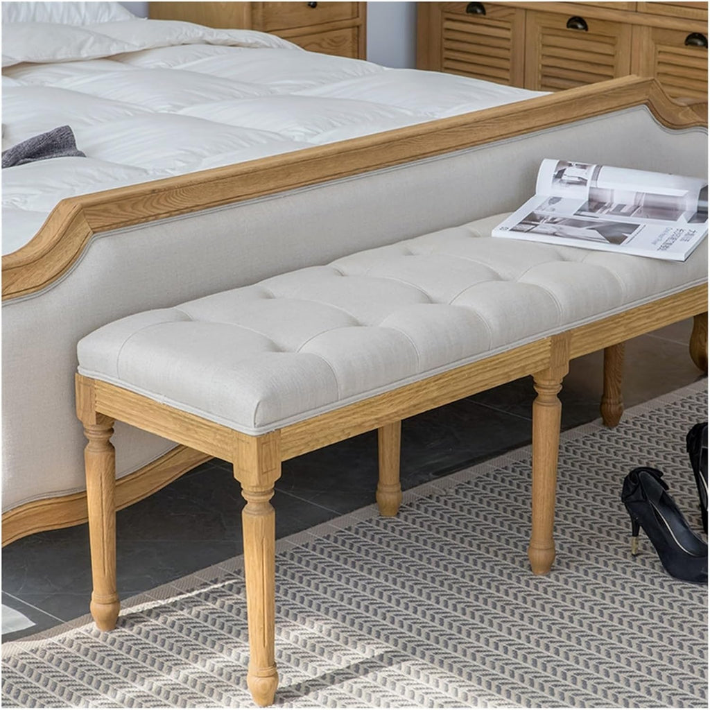 Modern French Vintage Bench with Padded Seat and Rubberwood Legs, Memory Foam Upholstered Entryway and Dining, Tufted Fabric End of Bed for Bedroom Living Room Hallway Entryway