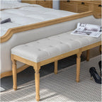 Modern French Vintage Bench with Padded Seat and Rubberwood Legs, Memory Foam Upholstered Entryway and Dining, Tufted Fabric End of Bed for Bedroom Living Room Hallway Entryway