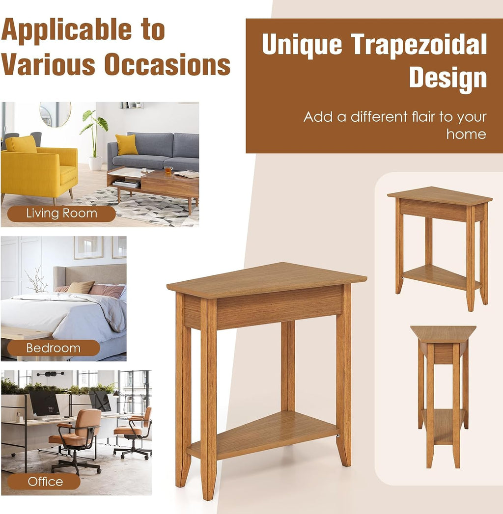 Giantex Wedge End Table, Triangle Side Table with Storage Shelf and Solid Wood Legs, 24.5" Tall Nightstand, Modern Narrow Accent Recliner Table for Small Space Living Room, Walnut