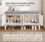 Shoe Storage Bench, 2-Tier Entryway Bench with Cushion, 15" D x 39.4" W x 19.7" H, Shoe Cabinet Bench with 4 Doors and Adjustable Shelves, for Entryway, Hallway, Bedroom, Living Room, White