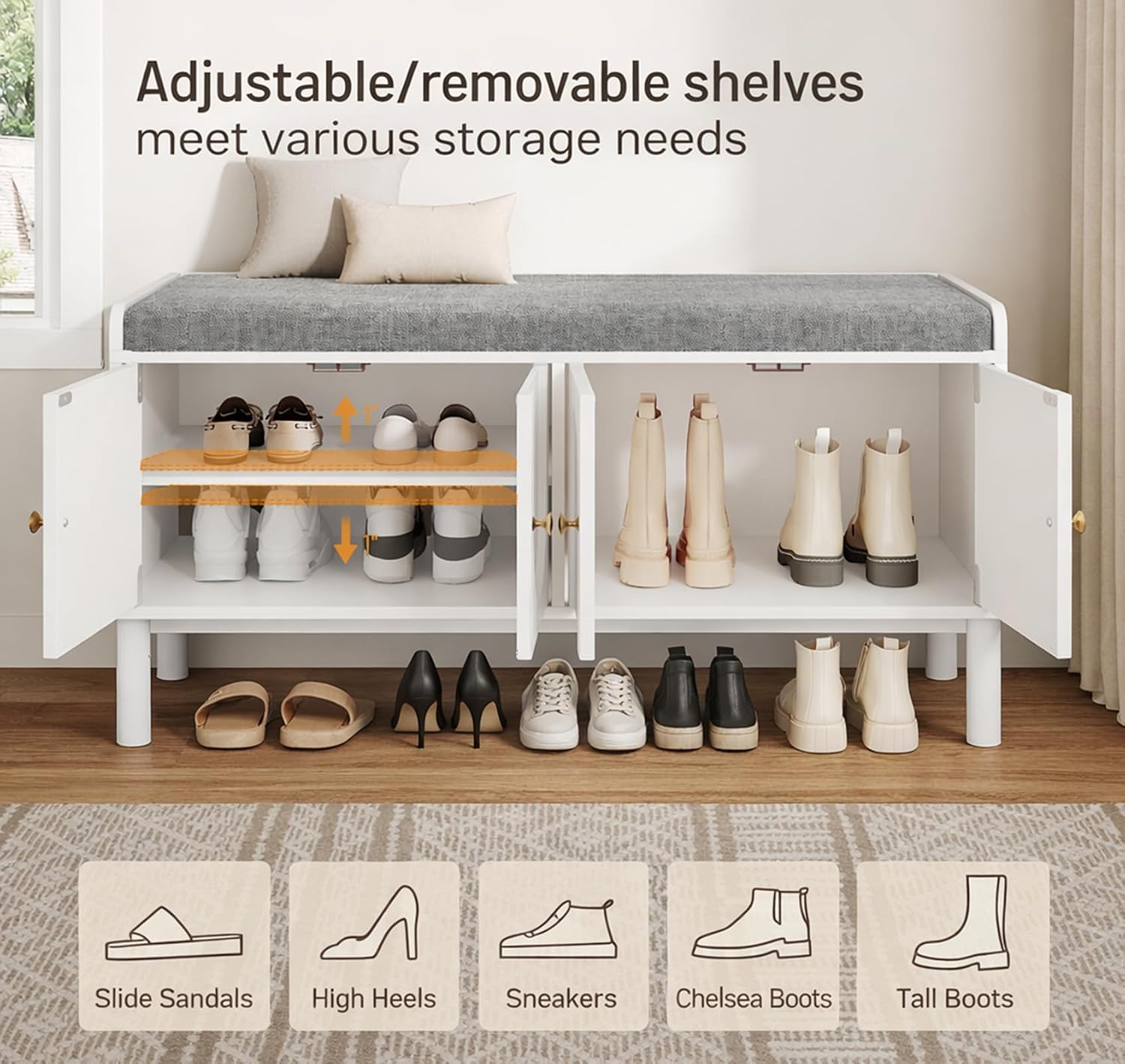 Shoe Storage Bench, 2-Tier Entryway Bench with Cushion, 15" D x 39.4" W x 19.7" H, Shoe Cabinet Bench with 4 Doors and Adjustable Shelves, for Entryway, Hallway, Bedroom, Living Room, White
