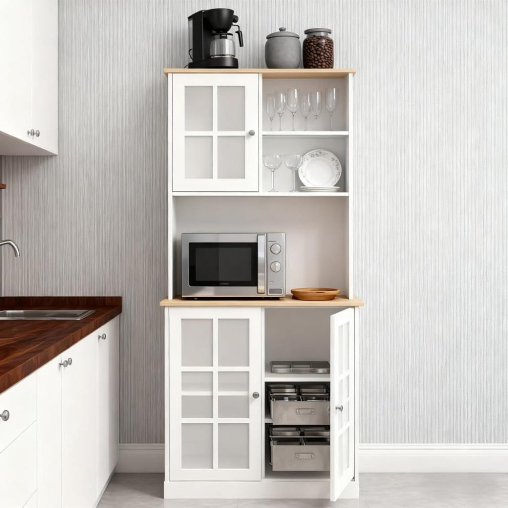 Oak+White Large Countertop Kitchen Pantry Cabinet, Freestanding Storage Cabinet with Hutch & Glass Doors, Adjustable Shelves Cabinet for Kitchen Living Room, 31.5x14.5x72 Inches