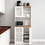 Oak+White Large Countertop Kitchen Pantry Cabinet, Freestanding Storage Cabinet with Hutch & Glass Doors, Adjustable Shelves Cabinet for Kitchen Living Room, 31.5x14.5x72 Inches