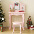 Vanity Set,ShyneeMakeup Dressing Vanity Set Wooden Princess Makeup Table with Cushioned Stool,Drawer,Wooden Legs and Mirror, Make Up Dressing Play Set for Girls (Pink Bow)