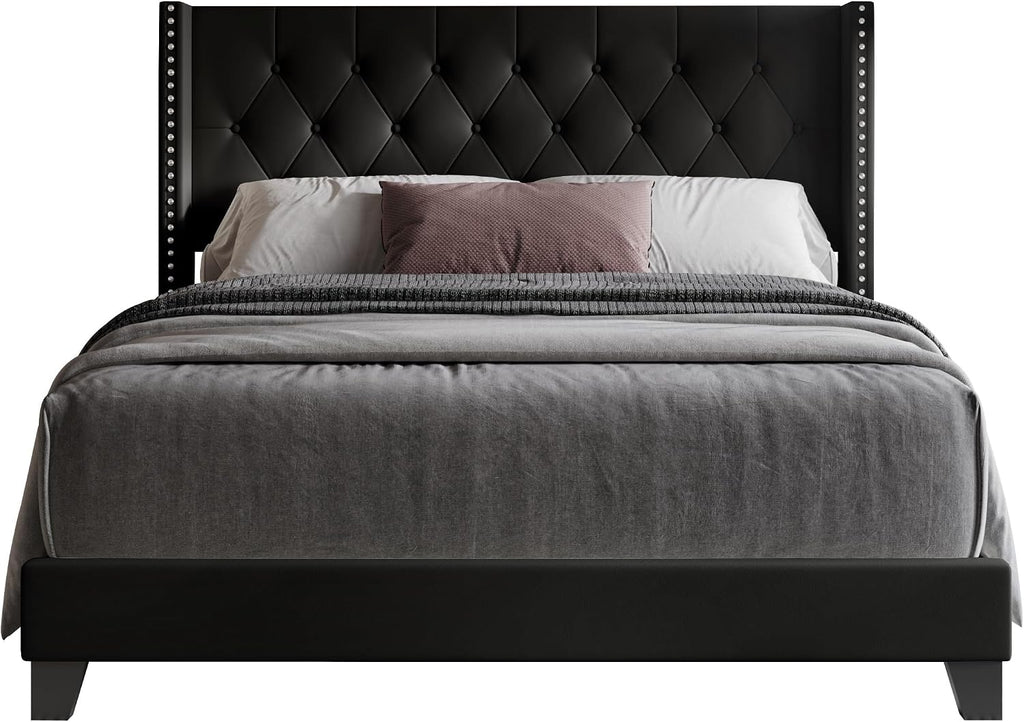 HOME DESIGN Homer Queen Tufted Wingback Upholstered Panel Bed, Black