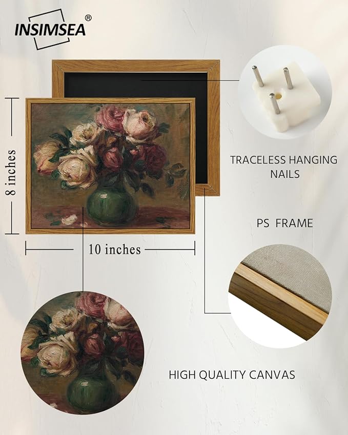 InSimSea Framed Wall Art for Living Room Rose Flower Valentine Decor Mid Century Modern Wall Decorations Vintage Floral Wall Art for Bedroom Farmhouse Kitchen Office Bathroom Decor 8x10in