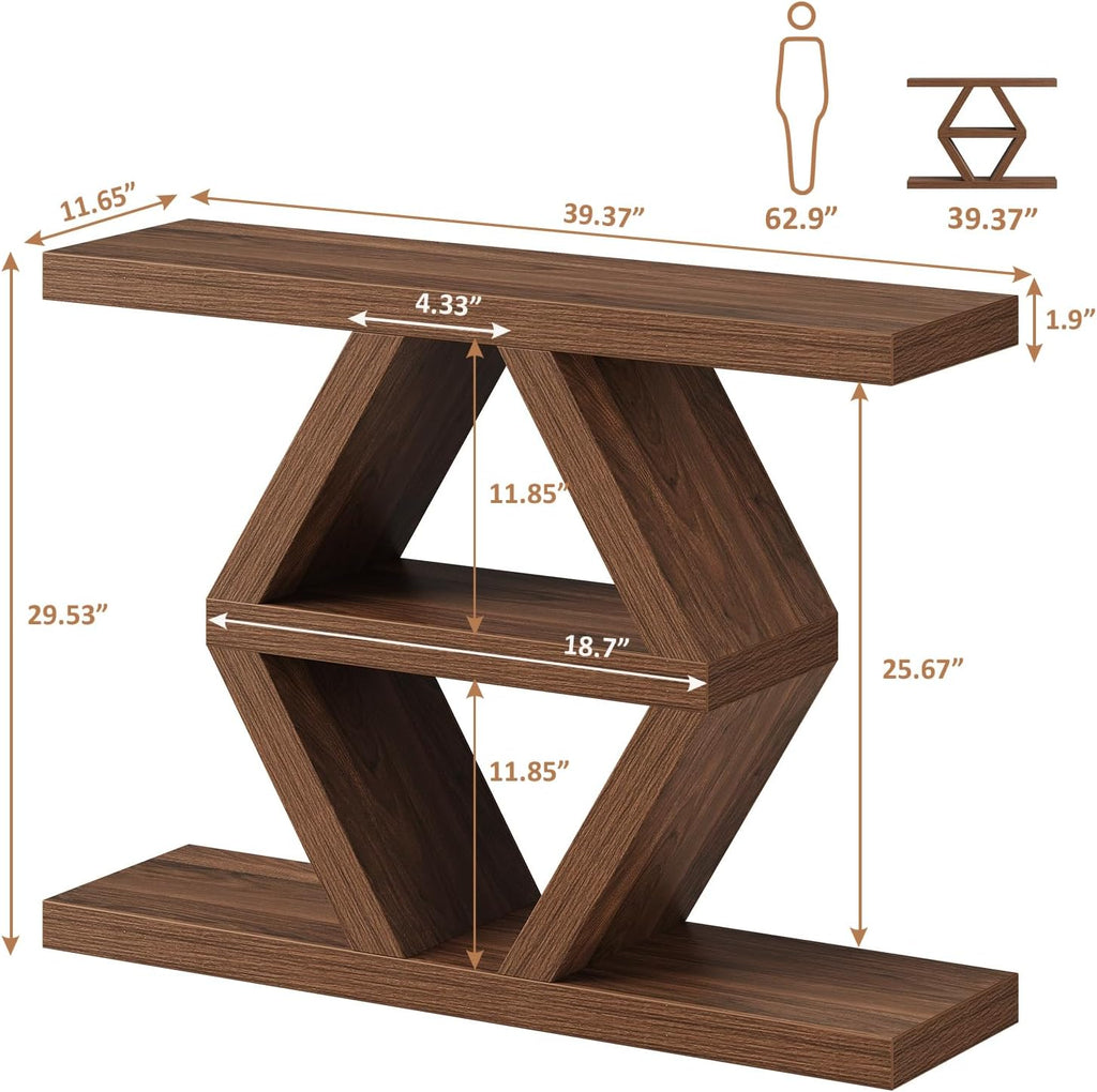 39.4" Farmhouse Console Table, Rustic Entryway Table with 3-Tier Storage Shelves, Wooden Sofa Table Behind Couch, Unique Modern Narrow Entry Table for Entrance, Hallway, Foyer, Living Room, Walnut