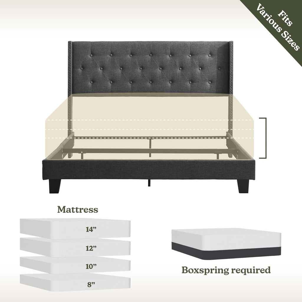Hearth & Harbor Queen Bed Frame with Headboard Wingback – Linen Platform Bed Frame Queen Size, Button-Tufted Upholstered Bed Frame Queen, Modern Bedframe, Box Spring Required, Grey