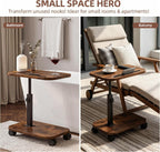Adjustable TV Tray Side Table 360°Swivel Rolling, Rustic Brown | Adjustable Height, C Shaped, Snack End Table, Wheels, Tablet Slot, Slide Under Sofa, For Small Spaces Living Room Couch Bed