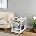 Wood End Table with Drawer, 2 Tiers Side Table with Open Storage Mobile Couch Table Floor Rolling Cart with Large Capacity White for Bathrooms Living Room Office