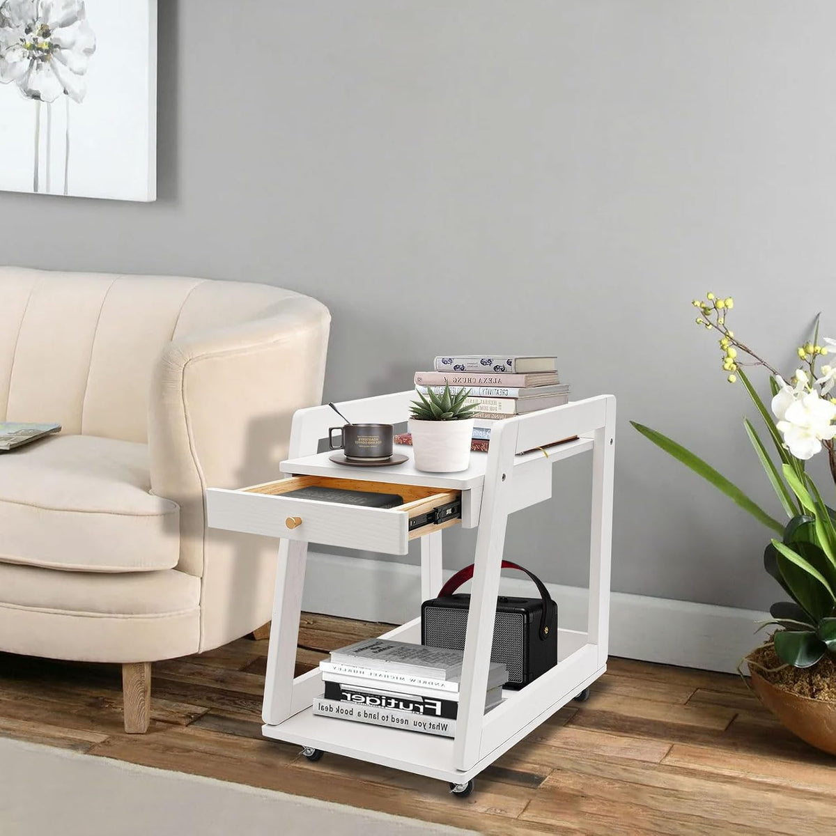 Wood End Table with Drawer, 2 Tiers Side Table with Open Storage Mobile Couch Table Floor Rolling Cart with Large Capacity White for Bathrooms Living Room Office