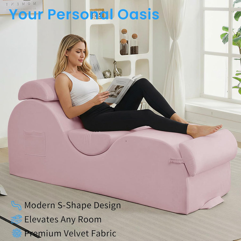 ijuicy 25 Inch Home Stretch Yoga Chair, Velvet Fitness Yoga Chaise Lounge Chair Indoor, Yoga Training Reliner with Adjustable Footrest & Headrest, Pink