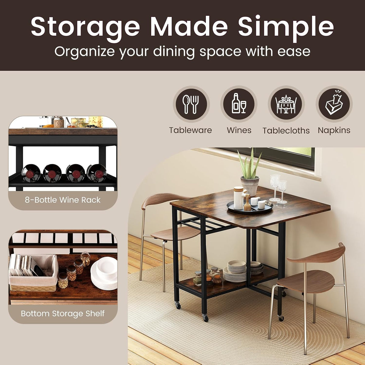 GOFLAME Folding Dining Table, Rolling Kitchen Table with Wine Rack and Storage Shelf, Space Saving Extendable Table with Metal Frame and Lockable Wheels for Living Room, Apartment, Small Space