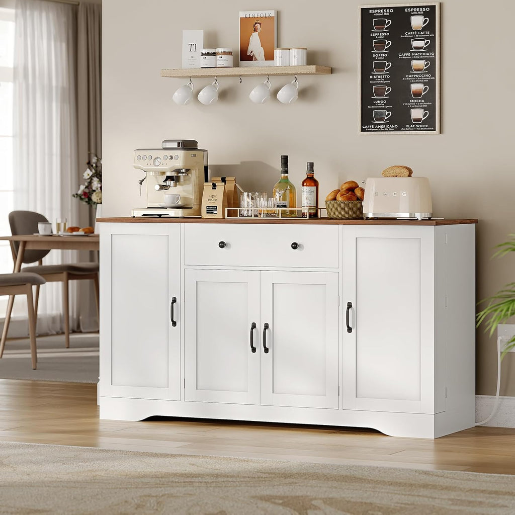 Brinlawb Buffet Cabinet with Storage & Charging Station, 53" Farmhouse Coffee Cabinet with Compartment Drawer, Sideboard Cabinets with Door and Adjustable Shelves for Kitchen, White