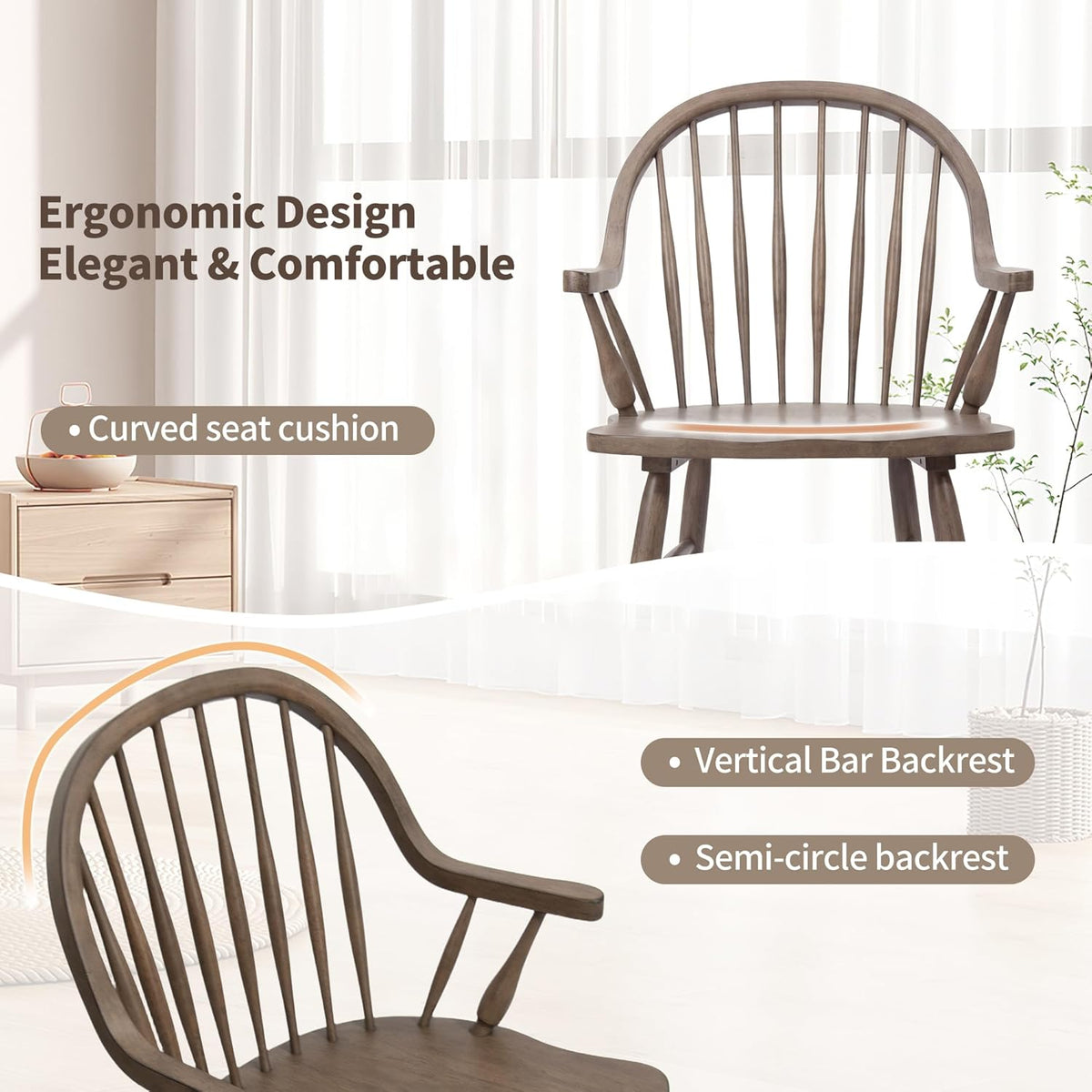 DUHOME Windsor Dining Chairs Set of 2, Solid Wood Spindle Curve Back Chairs with Arms, Farmhouse Mid Century Modern Chairs for Kitchen, Dining Room, Restaurant, Cafe & Hotel