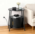 DHH Round End Tables Set of 2 & Charging Station, Fluted Accent Side Table with Sliding Door, Mid-Century Modern Nightstand Set of 2 for Small Space Storage, Living Room, Bedroom,Sofa Couch(2, Black)