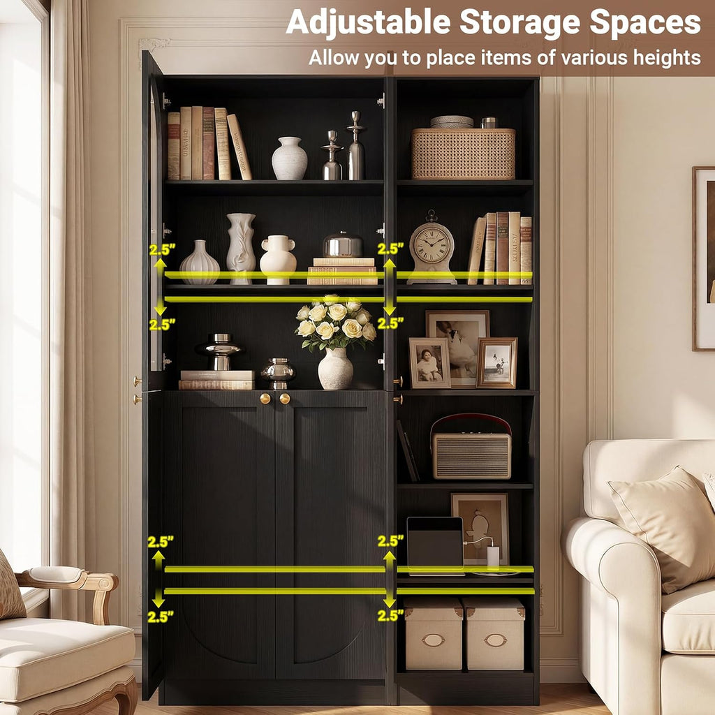 Cyclysio 80" Tall Pantry System with Tempered Glass Doors, Arched Pantries with 6-Tier Open Shelves, Wooden Cupboard Storage Organizer with Baseboard Cutout for Living Room