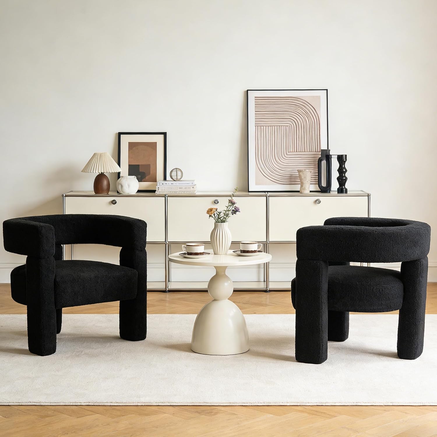 Sherpa Barrel Accent Chairs Set of 2, Modern Boucle Dining Room Chairs, Comfy Upholstered Side Chair with Arm, Cozy Sitting Chair for Bedroom/Kitchen/Living Room/Office, Black