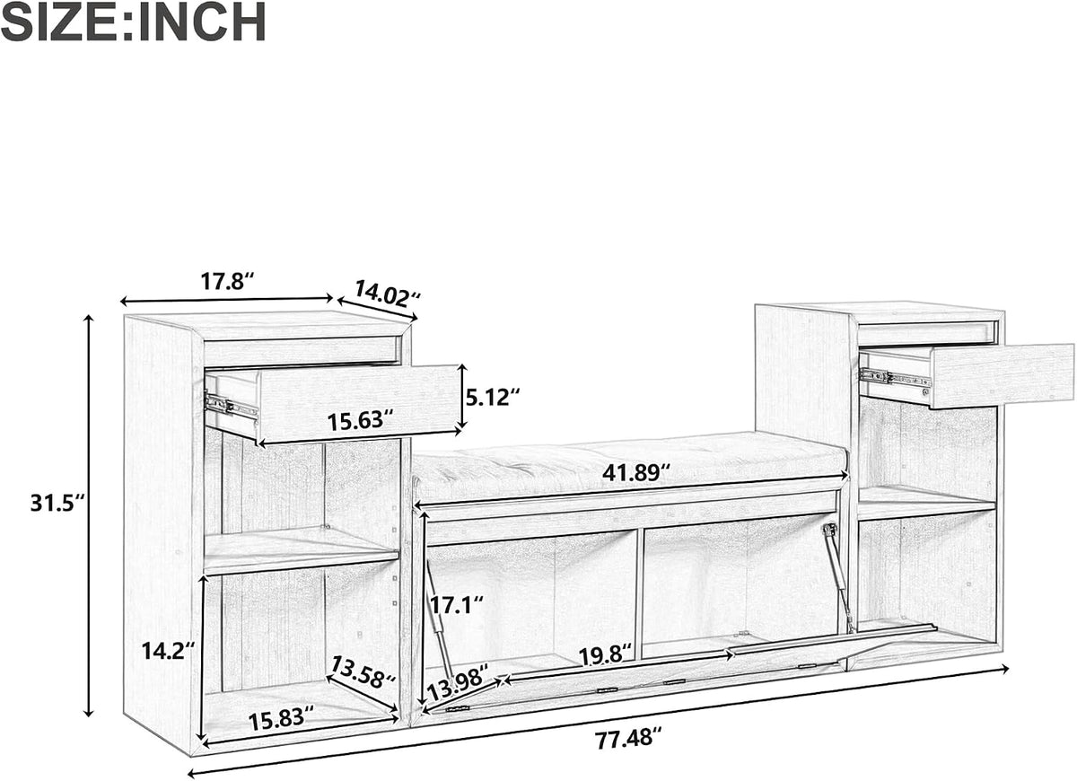 Entryway Bench with Shoe Storage, Solid Wood Shoe Bench with Cushion and Drawers, Open Shelves, Storage Bench for Entry Way, Living Room, Hallway, Natural Wood