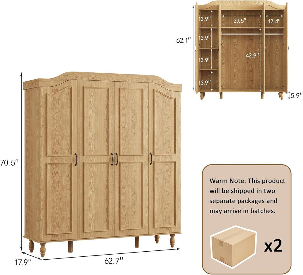 71" H Arched Armoire Wardrobe Closet with 4 Doors, Wooden, Natural