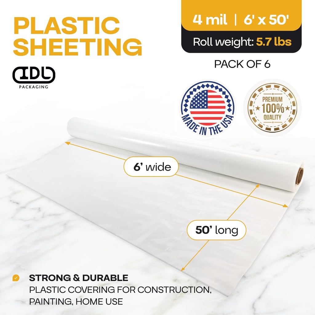 Plastic Sheeting 4 mil, 6' x 50' (300 sq.ft.), Pack of 6 - Thick Semi-Clear Plastic Sheeting for Construction, Painting, Drop Cloth, Slide&Slip - Heavy Duty LDPE Film Roll by IDL Packaging
