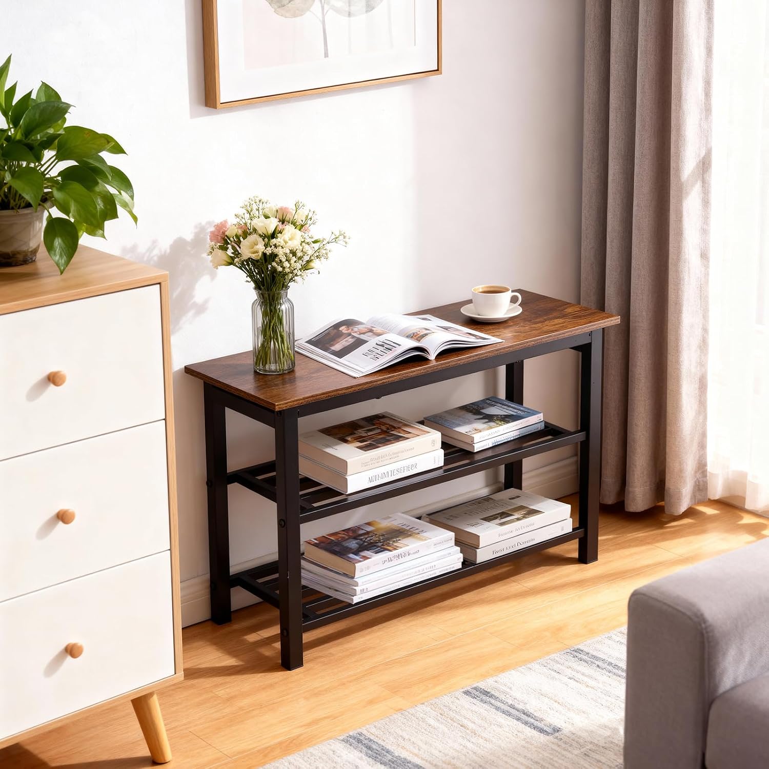3-Tier Shoe Rack Bench, Rustic Brown Industrial Entryway Storage Organizer with Wood Seat and Multiple Shelves